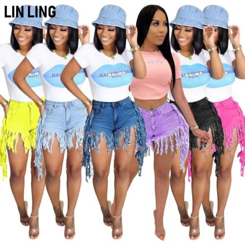 Female Fashion Street Style High Waisted Pants Denim Pocket Tassel Fringed Edge Straight Shorts