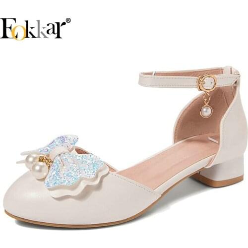 Eokkar 2020 Women Lolita Shoes Glitter Bow Tie Pumps Low Heel Ankle Strap Pumps Ladies Rockabilly Pumps Cute Shoes Size 34-45