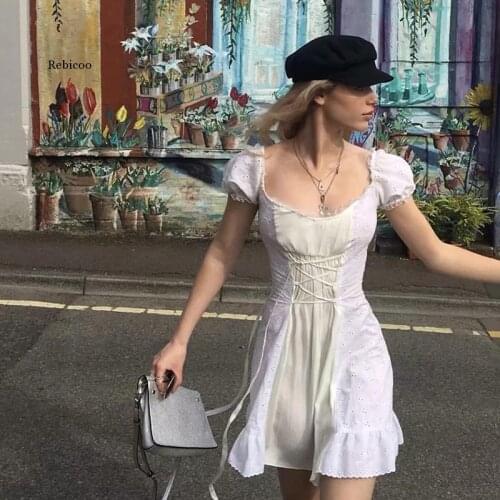 Foridol white embroidery lace uo dress women summer ruffle vinatge beach dress famale puff sleeve hollow out tulle dress