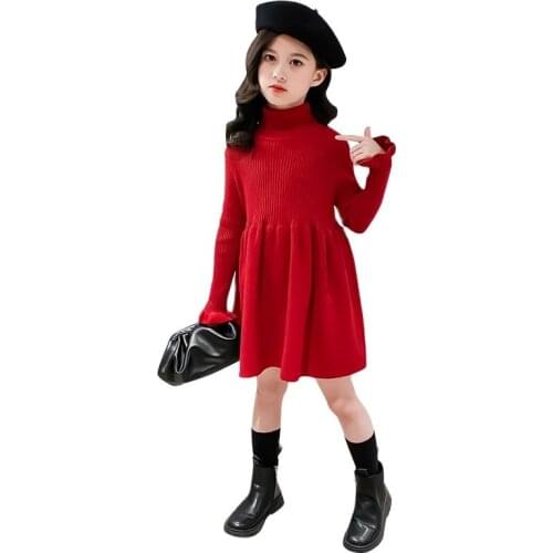 Winter Polyester Girls Dress Fashion Plus Velvet Thick Mid-Length Knitted A-Line Skirt Casual Childrens Clothing 3-14 Years Old