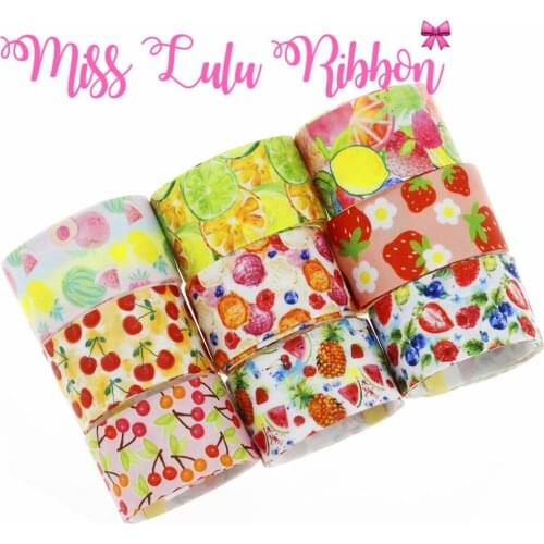 16mm-75mm Fruit Series Lemon Cherry Printed Grosgrain/Foe Ribbon Hair Band Making 50yards/roll Watermelon Pineapple