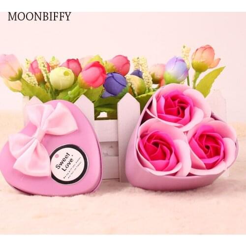 3pcs Rose Soap Flowers Heart-shaped Tin Box Wedding Decoration Gift Home Decor Wedding Artificial Flower