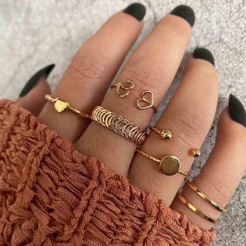 6 Pcs/Set Simple Rings Set Women Retro Geometric Heart Round Piece Twist Gold Color Finger Joint Ring Beach Girl Charm Jewelry