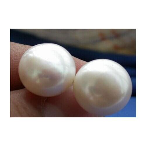 Free shipping 13377 HUGE 14-15MM WHITE ROUND FRESHWATER PEARL EARRING