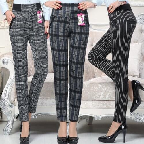 Large size 2018 autumn Women grid Pants sweat Plus mother Pants Slim High Waist Stretch Pencil Pants Female plaid Trousers