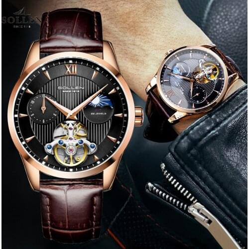 SOLLEN Men Genuine Leather Strap Watch Automatic Mechanical Waterproof Moon Phase Top Brand Luxury Multiple time zones Watches