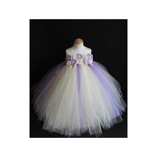 Little Girls Pearl Flower Long Tutu Dress Kids Crochet Fluffy Tulle Tutus Ball Gown with Ribbon Bow Children Wedding Party Dress
