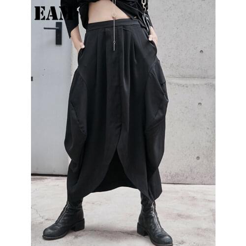 [EAM] High Elastic Waist Black Irregular Slit Long Casual Half-body Skirt Women Fashion Tide New Spring Summer 2021 1DE0977