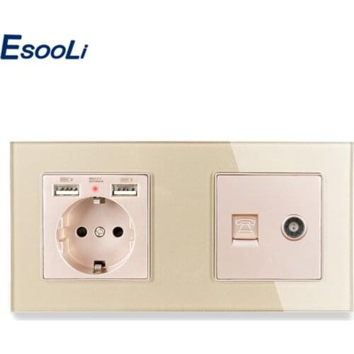 Esooli Crystal Glass Panel EU Standard Electric Socket with 2 USB + 1 Gang RJ11 Telephone and Female TV Jack Connector 172*86mm