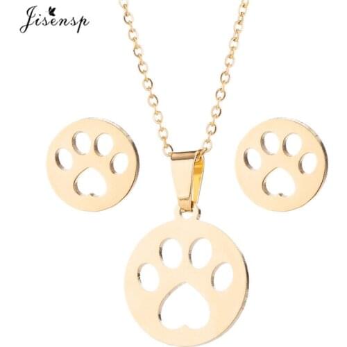 Jisensp Stainless Steel Jewelry Sets Lovely Puppy Footprint Charm Necklace Earrings Fashion Jewelry for Women Girls Party Gift