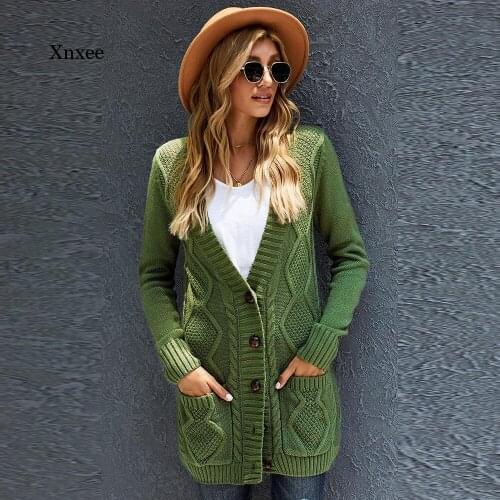 Long Sleeve Cardigan Cable Knit Sweater with Pockets Open Front Button Down Chunky Slim Loose Outerwear Womens Coat Clothing