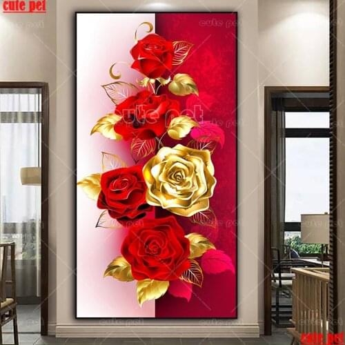 Full drill square diamond paintingGolden rose red rose flower art 3d pictures of rhinestone embroidery cross stitch decor large