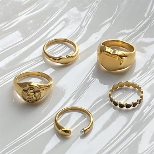 New Ins Creative Titanium Steel Geometric Love Heart Ring Vintage Simple Pearl Angel Rings For Women Girls Fashion Jewelry Gift