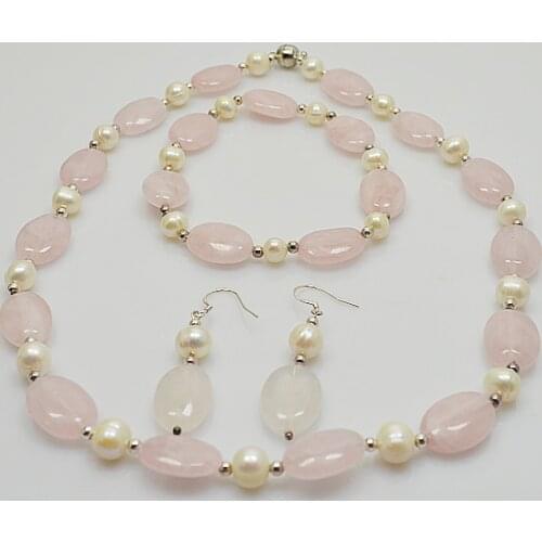 Perfect real pearl jewelry set white color freshwater pearl necklace bracelet earrings silver beads rose quartz magnet clasp