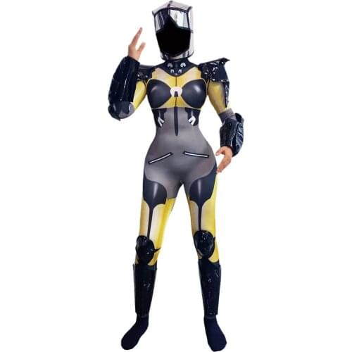 Anime Robot Cosplay Costume Machine Dance Role-playing Stretch Skinny Leotard Yellow Pattern Long Sleeve Jumpsuit Armor Outfit