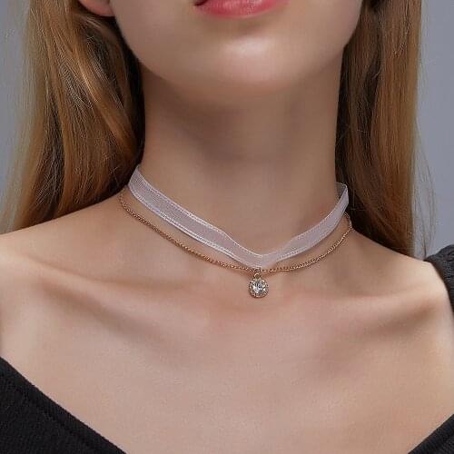 Kpop Double-layer White Necklace for Women Sweet Simple Short Zircon Ribbon Clavicle Chain Choker Fashion Trend Jewelry New 2021
