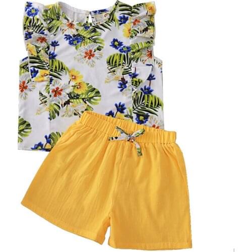 Summer Girl Set Floral print Vest + Yellow Shorts 2pcs Children Suit Clothes