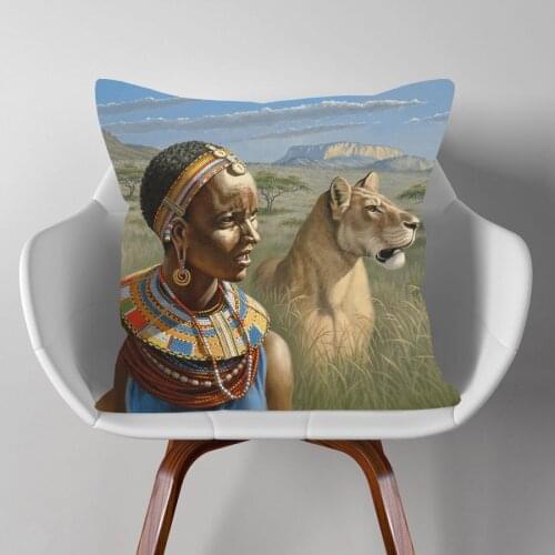 Samburu Watchers Cushion Cover Hand Painting African Wild Animal Lion Elephant Print Linen Pillow Case