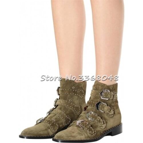 New Design Spring Autumn Leather High Quality Buckle Ankle Boots Crystal Round Toe Low Heel Party Dress Shoes Real Photos