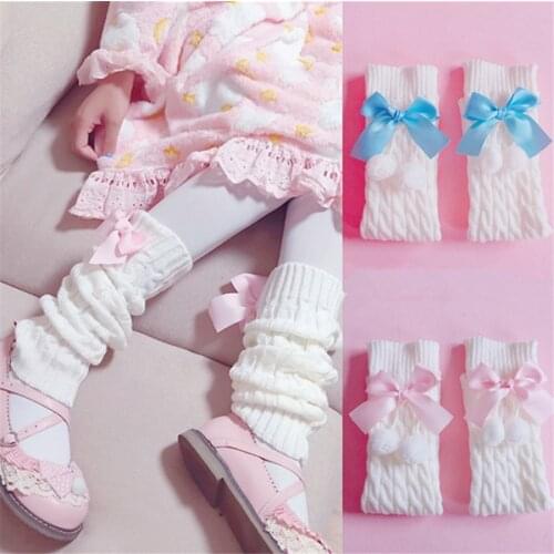 Lolita Bowknot JK Uniform Slouch Socks Loose Boots Solid Color Knit Winter Leg Warmers Socks Foot Warming Cover D582