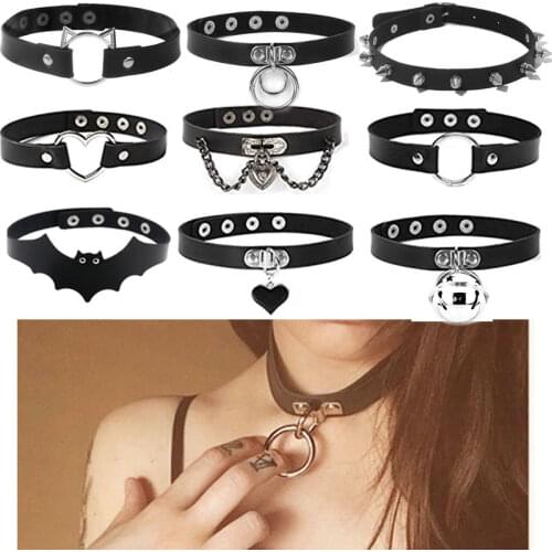Punk PU Leather Necklace Lock Key Heart Round Spike Rivet Collar Studded Choker Necklace Body Birthday Party Gift choker Jewelry