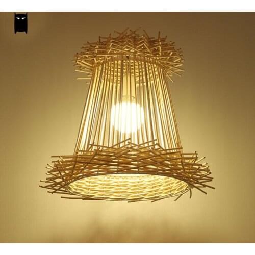 Wicker Rattan Hat Lampshade Pendant Light Cord Fixture Japanese Asian Art Deco Tatami Suspension Ceiling Lamp Lustre Plafon Home