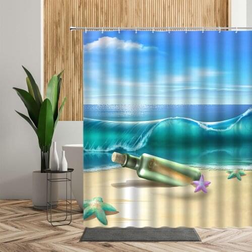 Blue Ocean Scenery Shower Curtain Sea Wave Starfish Drift Bottle Bathroom Bath Decor Backdrop Fabric 3D Curtains For Kid Bedroom