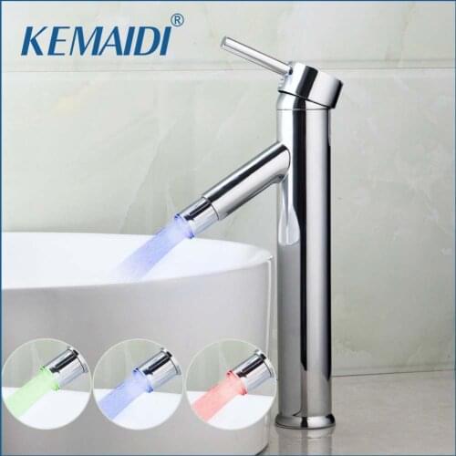 KEMAIDI Bathroom LED Light Faucet Chrome Finished Mixer Single Handle Deck Mounted Wash Basin Sink Vessel Torneira Tap