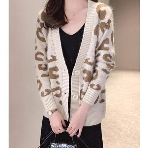 Autumn Spring Women Sweater Deep V-Neck Long Sleeve Female Cardigan with Buttons Leopard Loose Casual Ladies Sweater for Outwear