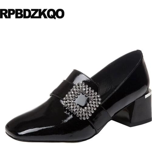 Italian Medium Heels Chunky Black Crystal Belts Designer Women Luxury 2021 Rhinestone Pumps Patent Leather Square Toe Diamond