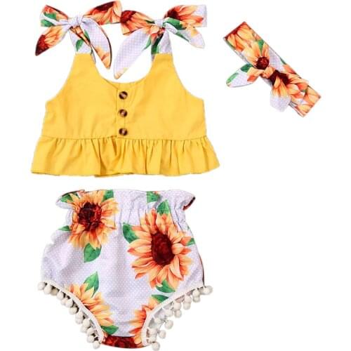 USPS Fast Shipping 0-24M New Baby Girls Clothes Set Print Bowknot Vest Crop Tops+Sunflower Tassel Shorts Headband Outfits