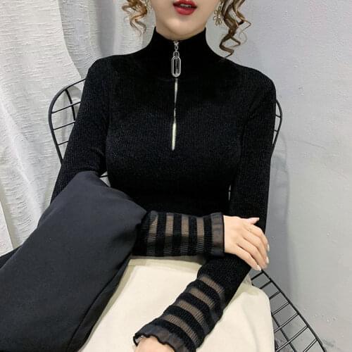 Spring and autumn knit sweater new high-neck lace zipper long-sleeved sweater womens slim bottoming shirt