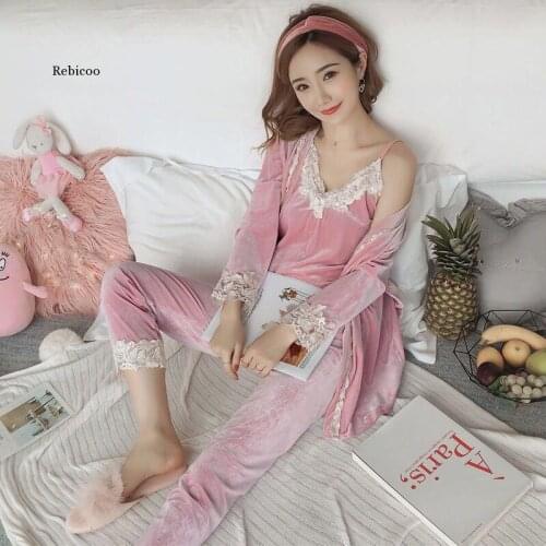 Winter Velvet Sexy Women Sleepwear with Full Pants Pajamas Lace Sleep Lounge Sets Ladies Sexy Nightgown Home Clothing 3pcs Suit