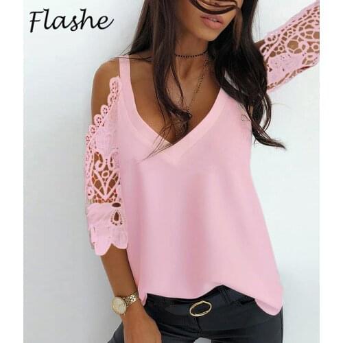 2021 Sexy Shirt Women Lace Patchwork V Neck Women T-Shirt 3/4 Sleeve T Shirt Ladies Tops Spring Summer Women Shirt Vintage Tee