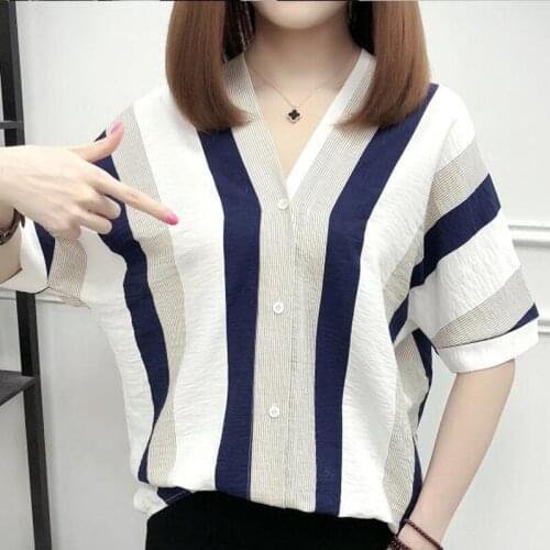 Girl Summer New Fashion Shirt Clothing Women Loose Plus Size V-neck Stripe Casual Blouse Short Sleeve Leisure Female Top H9008
