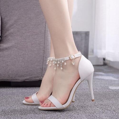 Summer New Ankle Strap Beading Sandal Pu Leather Women Open Toe Sexy Lady Thin High Heels Women Sandals Party Female Shoes H0029