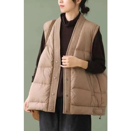 Womens Chinese Style V-neck Duck Down Vest Caramel Color Retro Autumn Winter Sleeveless Jackets Loose Causal Outerwear