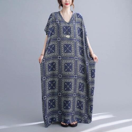 Plaid Print Floral Vintage Bohemian Long Maxi Dress Batwing Sleeve Loose Summer Dress Women Holiday Travel Casual Beach Dress