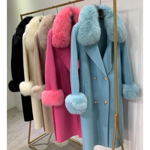 2020 Winter Thick Jacket Slim Belt Ladies Streetwear Natural Fox Fur Collar Wool double-faced coat Warm Cashmere outerwear