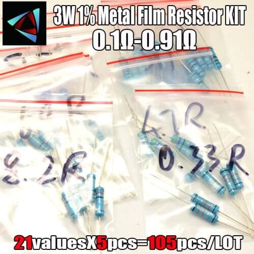 0.1R-0.91 ohm 3W 1% DIP METAL film resistor,21valuesX5pcs=105pcs, RESISTORS Assorted Kit