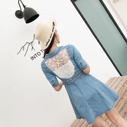 2020 Summer Cute Backless Lace Slim Jeans Dress Women Office Denim Dress Single Breasted Turn-down Collar Mini Vestidos Elegant
