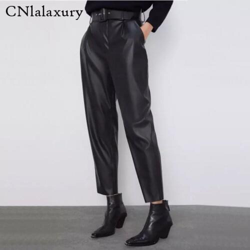 Women black faux leather suit pants Female high waist pants With Belt pockets 2020 Elegant office ladies pu leather trousers