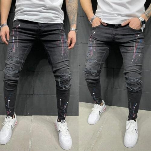 Men Ripped Jeans Skinny Pencil Pants Stretch Slim Hole Biker Denim Clothing Male Street Hip Hop Punk Frayed Cowboy Trouser