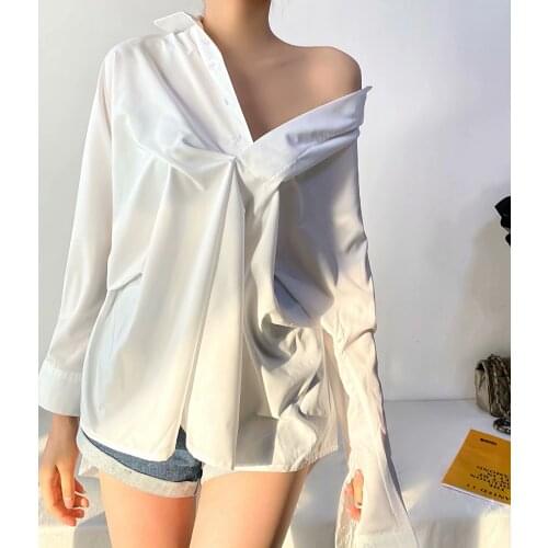 Temperament, simple, fresh, lazy style, loose hedging long-sleeved shirt, pure color casual mid-length