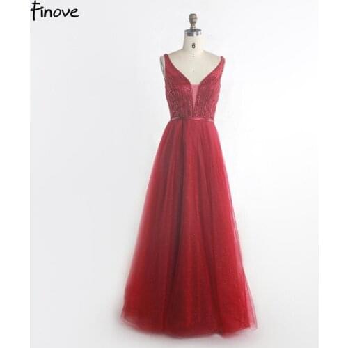 Finove 2020 Beaded Evening Dresses Plus Size Long Elegant A Line V Neck Prom Gown Vestido De Festa