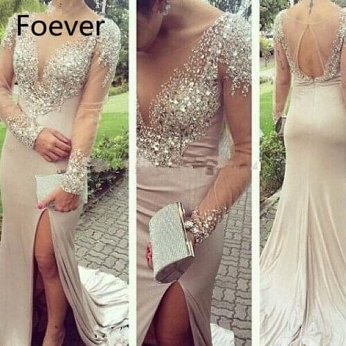 Illusion Sexy Crystal Long Dresses Evening High Slit Backless Party Gown Mother 2019 Vestido de Festa Longo