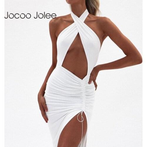 Jocoo Jolee 2021 Women Summer Sexy Front Cross Halter Backless Irregular Hollow Pleated Leg Open Gown Solid Party Club Dress