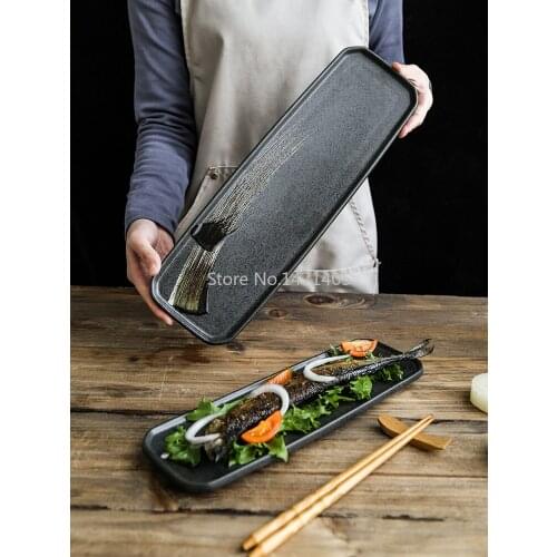 Japanese Retro Distressed Hand-painted Ceramic Sushi Plate Sashimi Plate Cold Cuts Set Plate Long Plate Household Dish Plate