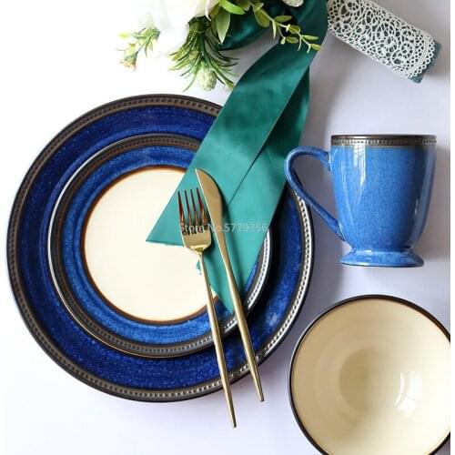 Cobalt Blue Glaze European Retro Cups and Dishes Set Creative Tableware Home Western Dishes Salad Bowl Breakfast Cup Juice Cup