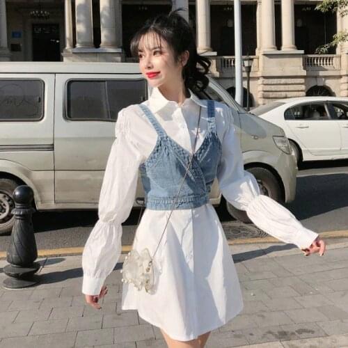 Spring women long white shirts two pieces set femme sweet denim camis women long white tops